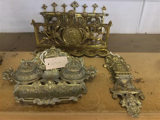 Pair Art Nouveau / Gothic pipe stands and brass bracket and an inkstand